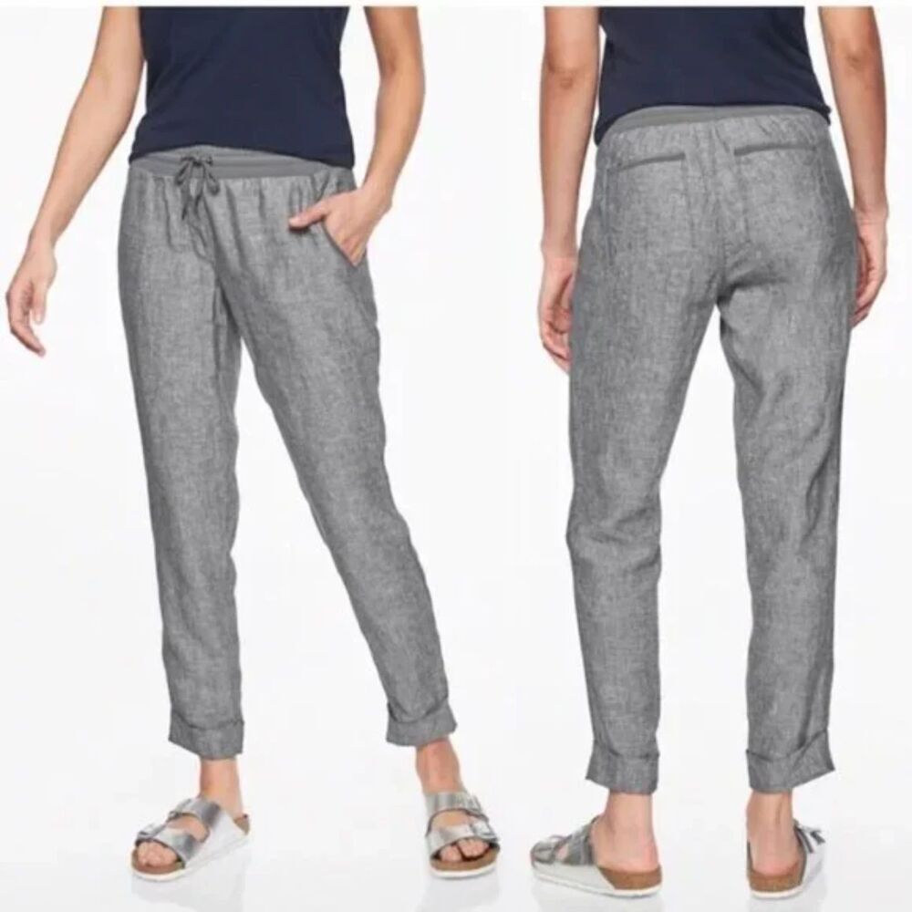 Athleta Women Size 6 Gray Bali Linen Ankle Pant Travel Vacation Minimalist Beach